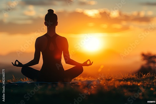 Sunset yoga woman in nature. Peace silhouette relax lotus body pose health mind sky lifestyle light calm harmony balance healthy active exercise outdoor young training practice
