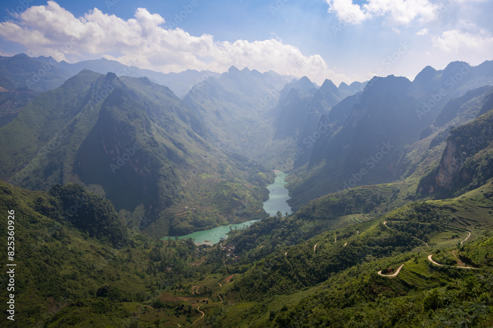 Aerial view of Nho Que River on Ha Giang loop, Vietnam.