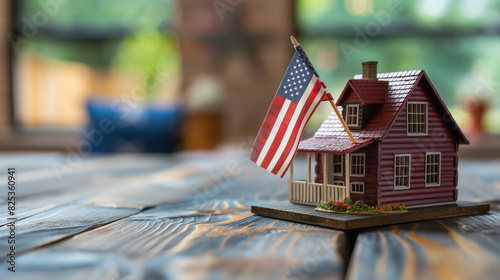 Um modelo de casa sobre uma mesa de madeira com uma bandeira americana photo
