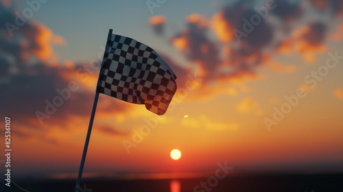 bandeira quadriculada no poste voando contra o céu ao pôr do sol photo
