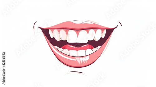 Open female mouth with red lips and white teeth painted with lipstick  isolated on white art style logo