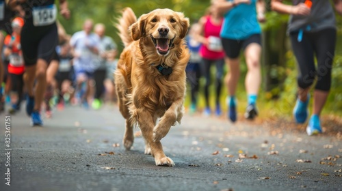 A group of runners participating in a marathon while accompanied by a loyal dog towards the finish line © AnaV