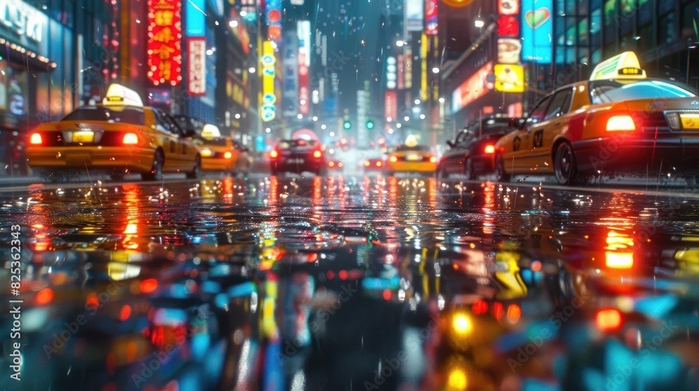 Bustling City Intersection in Downpour A Vivid and Dynamic Nighttime Scene