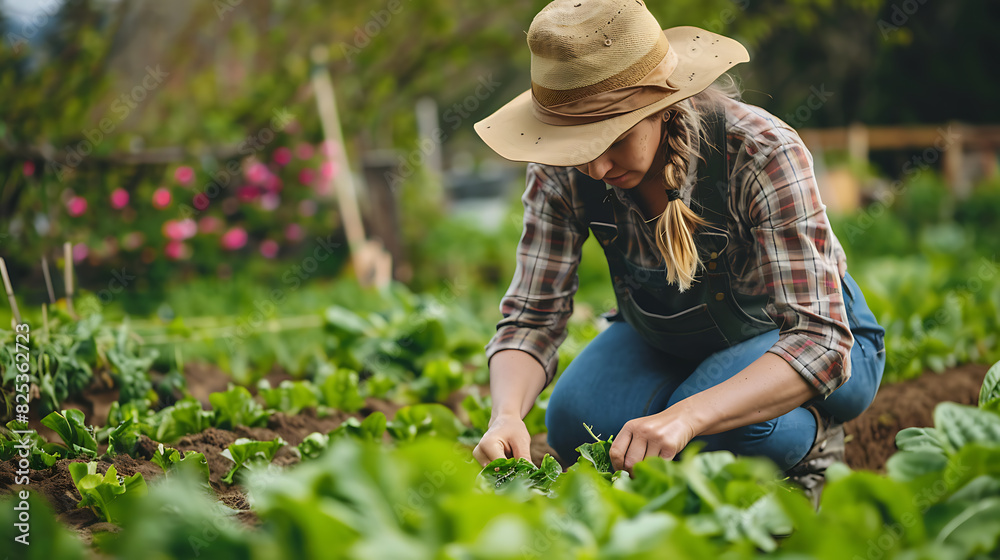 a woman in a straw hat is picking vegetables in a field. a woman in a straw hat is picking vegetables in a field.