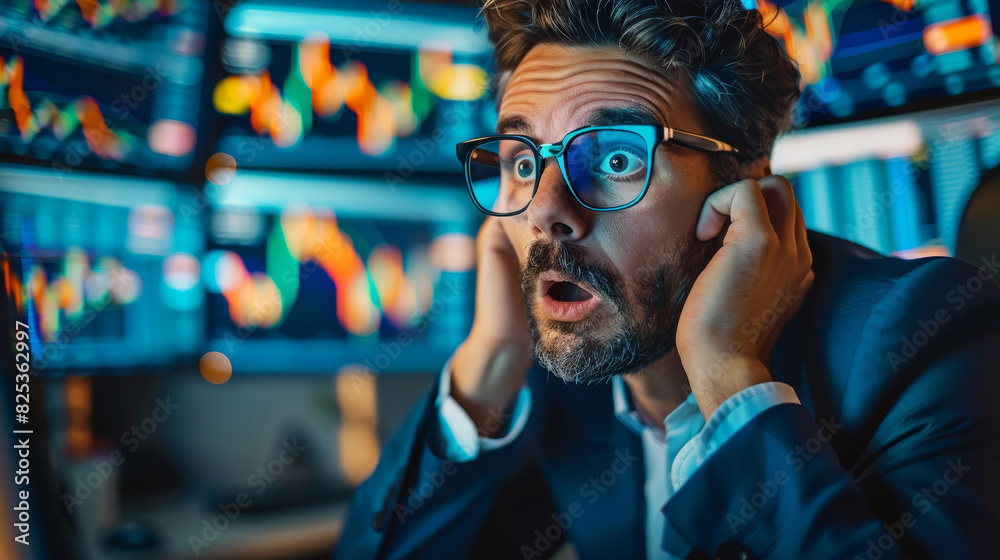 Startled businessman monitors fluctuating stock market screens. Startled businessman monitors fluctuating stock market screens.