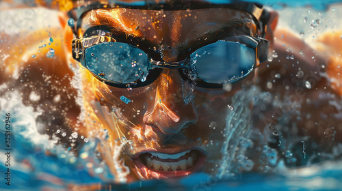 Close portrait of man wearing swimming goggles during exercise in the pool