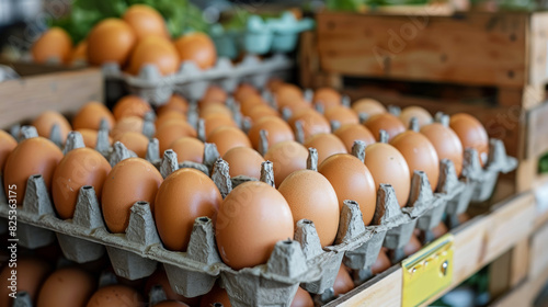 Carton trays of eggs neatly arranged on market display, symbolizing fresh farm produce. © NILSEN Studio