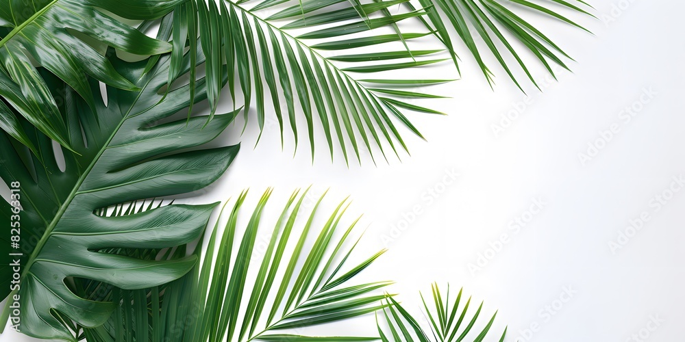 A tropical-themed image featuring large, lush palm leaves against a white background.