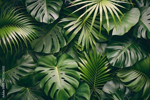 Lush tropical green leaves layered to create a dense and vibrant foliage pattern