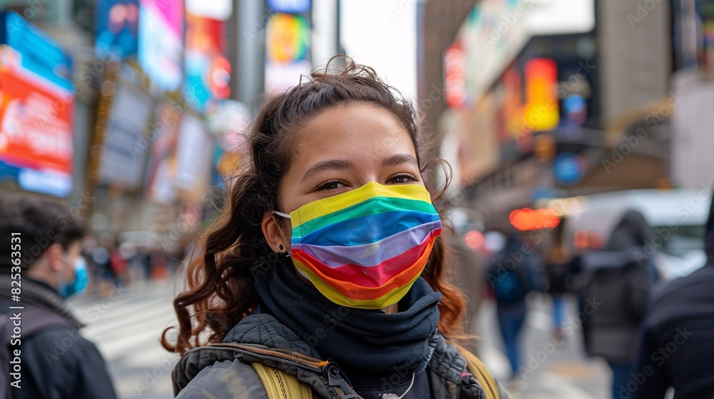 Vibrant Confidence - Person Wearing Rainbow Face Mask Smiling Amid Urban Bustle Vibrant Confidence - Person Wearing Rainbow Face Mask Smiling Amid Urban Bustle