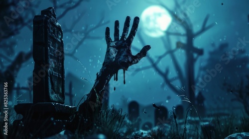 A zombie hand reaching out from the grave on a spooky night with a full moon in the background. © Sittipol 