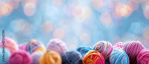 Panoramic view of vibrant assorted yarn balls lined up, focus on texture and colors photo