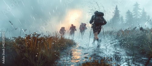 Unforgettable Hiking Adventure Friends Making a Splash through RainSoaked Mountain Trail photo