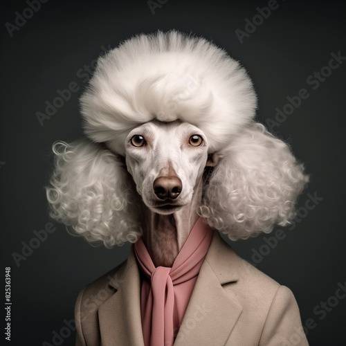 Fashionable Dog Wearing a Curly Wig and Stylish Jacket in Studio Portrait © Jean Isard