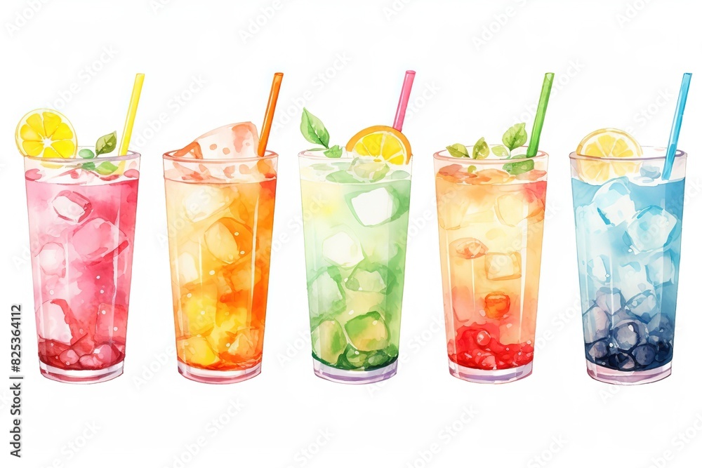watercolor clipart set of various of fruits mocktail fizzy cold juice drink on white background watercolor clipart set of various of fruits mocktail fizzy cold juice drink on white background