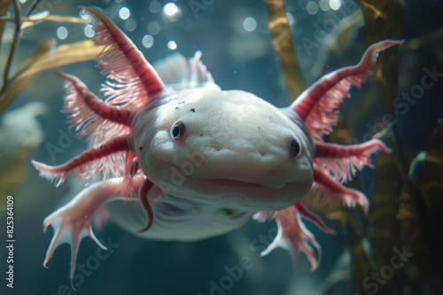 Closeup of axolotl swimming underwater
