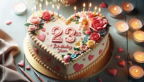  Heart Shaped Cake With Happy 23th Birthday Message Surrounded By Roses Candles And Decorative Hearts On A Table photo