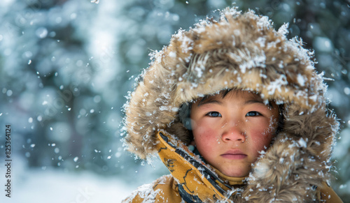 Inuit young child dressed in traditional fur clothing, standing proudly before a snow-covered yurt, peoples in extreme climates