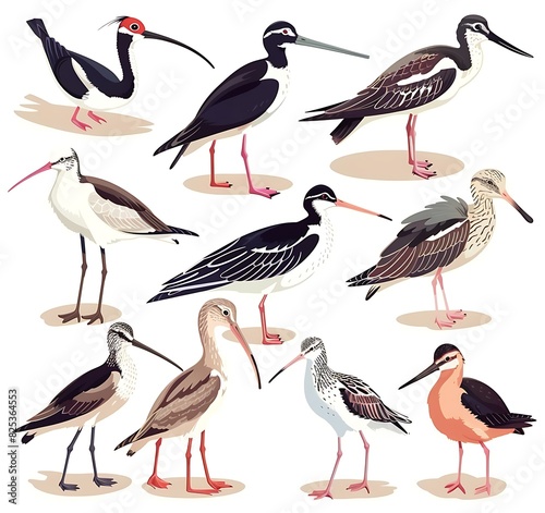 Gor Brazel, flat style illustration of various birds including black winged stilters and sandpipers in the style of realistic vector white background
