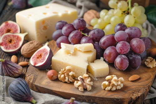 Delectable spread of cheeses, grapes, figs, and mixed nuts on a wooden board