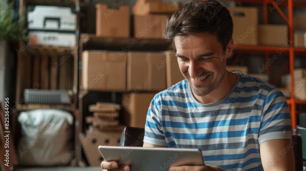 Entrepreneur managing orders in warehouse Entrepreneur managing orders in warehouse