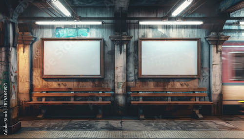 A mockup of two blank posters on a wall in an empty subway station with vintage wooden benches and concrete floors. This photo captures the essence of old-fashioned public transportation in a document photo