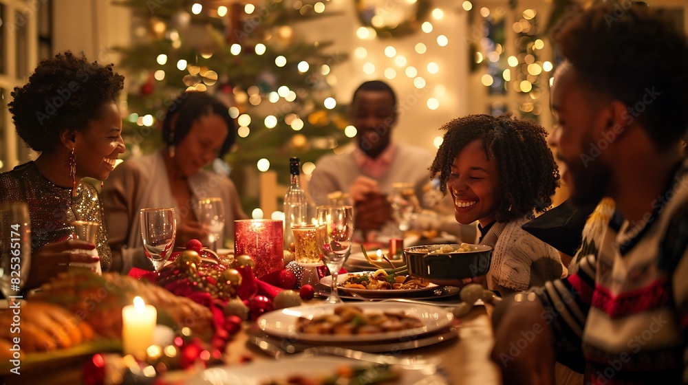 A happy family is sitting around the table, decorated with candles and Christmas ornaments, and having dinner together.