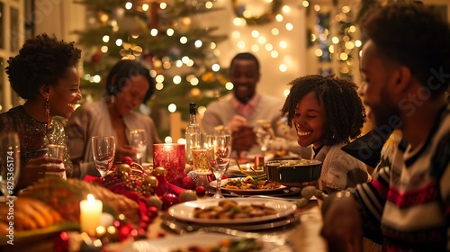 A happy family is sitting around the table, decorated with candles and Christmas ornaments, and having dinner together.