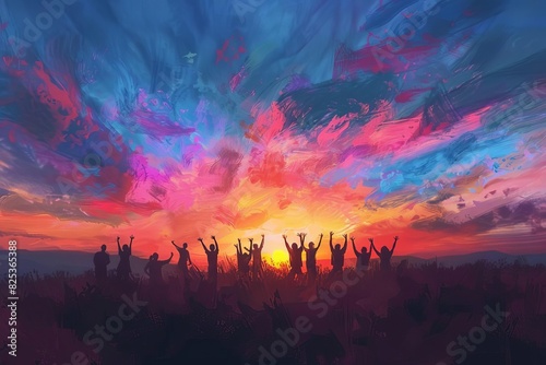 silhouettes of people raising hands toward sunset sky inspirational digital painting