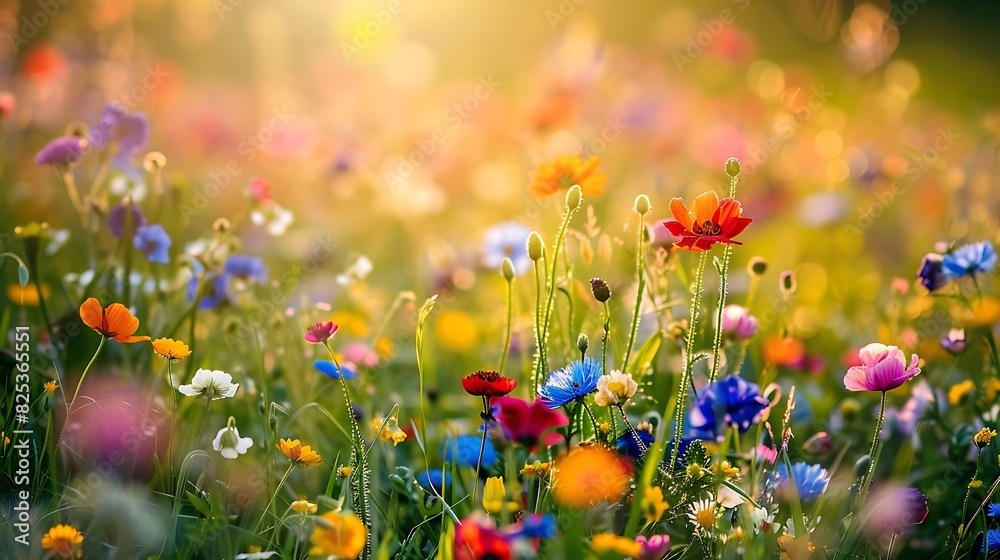 Close-up of a variety of wildflowers in a field with a blurred background