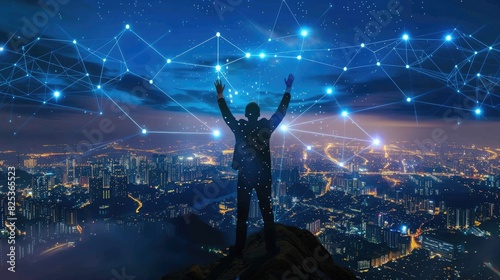Businessman standing on the top of the mountain with arms raised and touching digital connection lines above the cityscape at night,