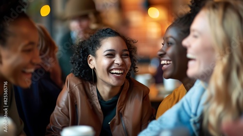 Four happy multiracial friends laughing and talking together at a bar or restaurant. photo