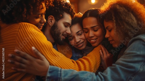 Group of diverse friends embracing, showing unity and support photo