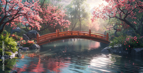 zen garden, the tranquil zen garden features a wooden bridge over a serene pond encircled by vibrant foliage and cherry blossom trees, instilling a sense of peace photo