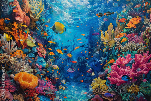 A painting of a coral reef with a variety of fish swimming through it © mila103