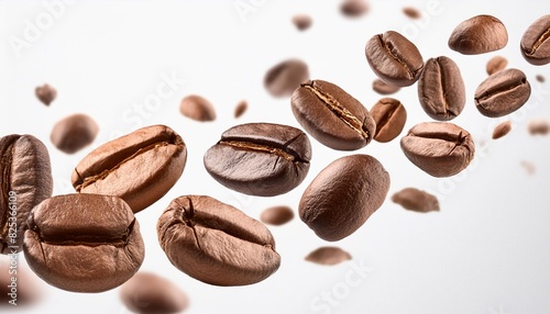 Coffee beans in flight on white background