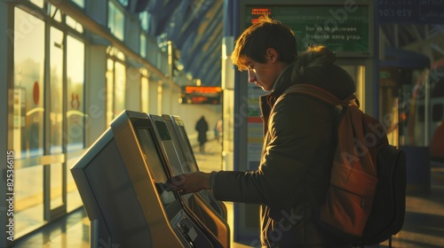 A young man at a train station kiosk, quickly tapping his card on a NFC reader to buy a transit ticket. The early morning light casts long shadows behind him, illustrating the spee photo