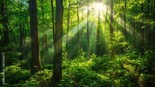 The photo shows green trees in the forest with sun rays shining through them. © SprintZz
