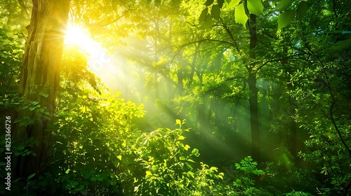 The photo shows the green foliage of a lush tropical rainforest with bright sunlight shining through the trees. photo