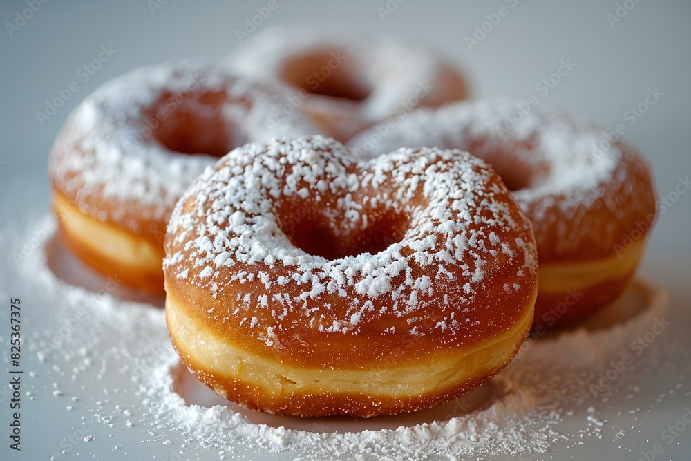 A white plate topped with three donuts covered in powdered sugar A white plate topped with three donuts covered in powdered sugar