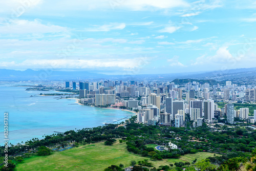 Cityscape of Honolulu seen from Diamond Head State Monument Hawaii USA.