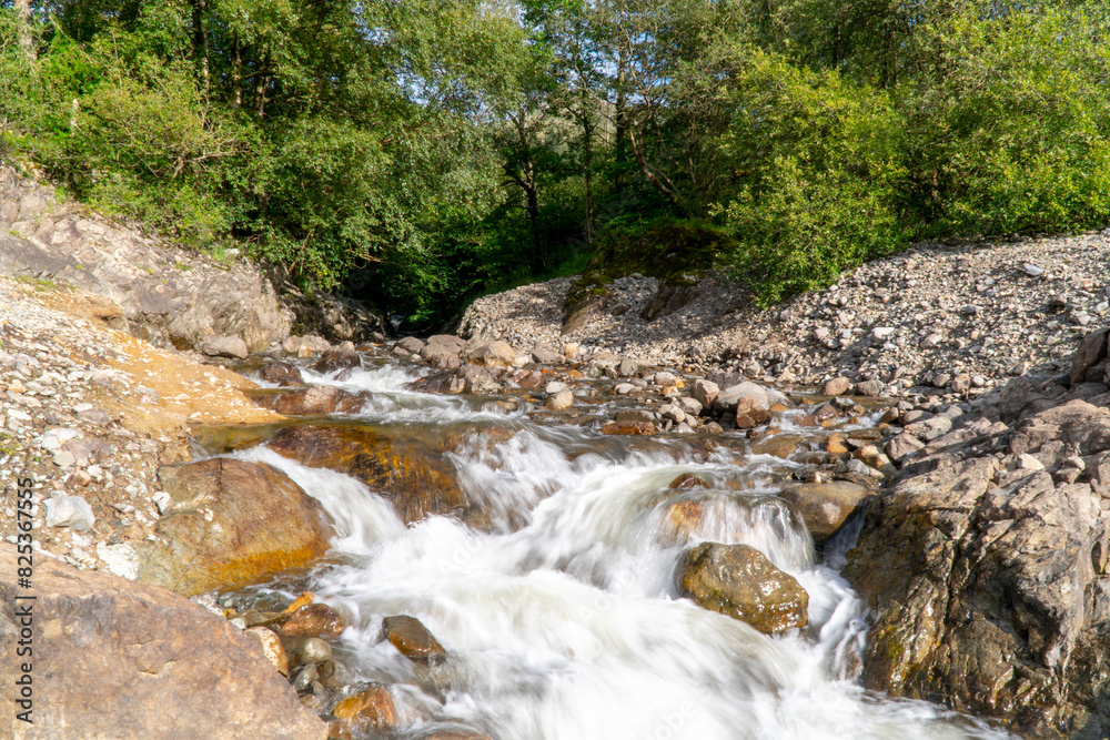 Creek beside rocks in wooded area with trees, water stream in nature Creek beside rocks in wooded area with trees, water stream in nature