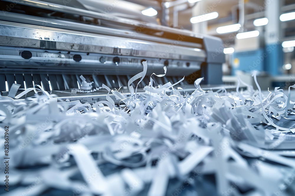 an industrial paper shredder in action, with shredded paper spilling out onto the floor an industrial paper shredder in action, with shredded paper spilling out onto the floor