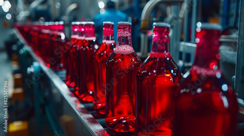 A row of red bottles on a conveyor belt