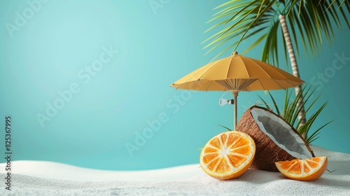 Coconut with umbrella on the white sand on tropical blue background with palm tree and cut orange with space for copy