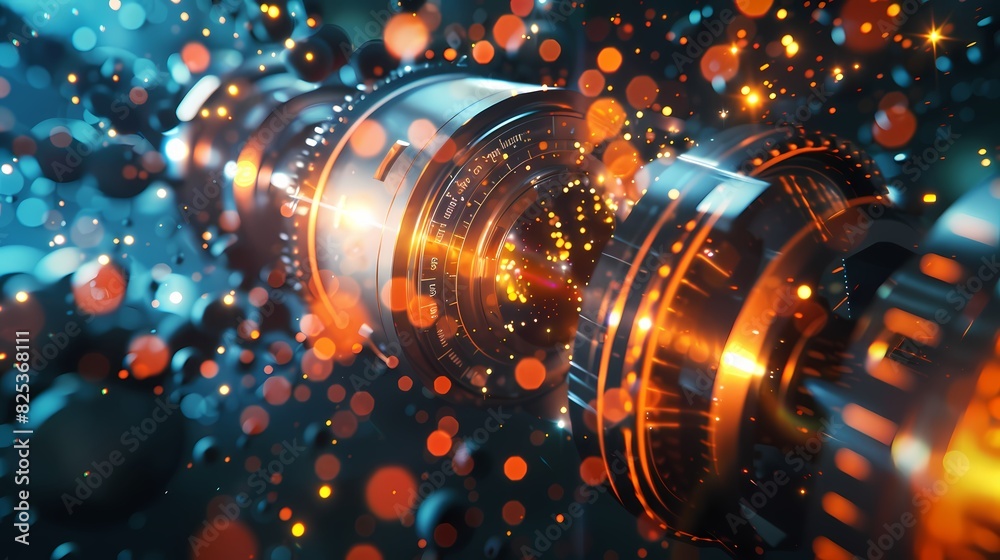A scene of a scanning tunneling microscope, with a background of particles of matter and energy A scene of a scanning tunneling microscope, with a background of particles of matter and energy
