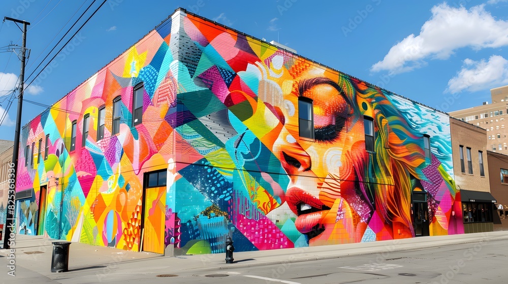 Naklejka premium A dynamic street art mural covering the side of a building, generative AI