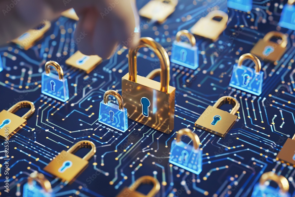 Modern cloud computing with data protection and secure device integration, depicted with vibrant blue and white elements and a tech themed design Modern cloud computing with data protection and secure device integration, depicted with vibrant blue and white elements and a tech themed design