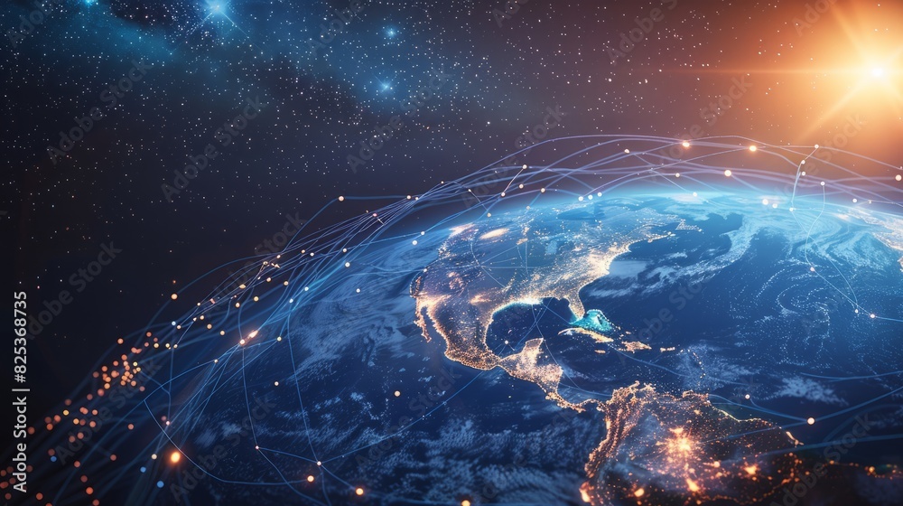 Digital world globe centered on America, concept of global network and connectivity on Earth, data transfer and cyber technology, information exchange and international telecommunication