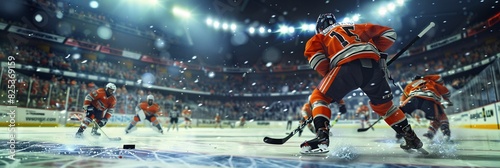 A fast-paced and thrilling moment in an ice hockey game, capturing the speed, skill, and intensity of the players as they battle for the puck, with an animated crowd and icy arena setting. photo